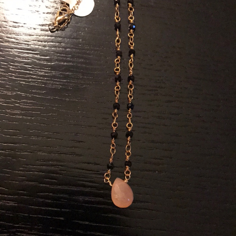 Gold necklace with black crystal & pink quartz